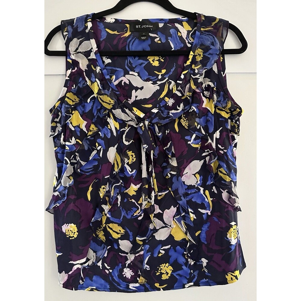 ST. JOHN Blue Floral Silk Blend Ruffle Front Sleeveless Top Blouse Sz S